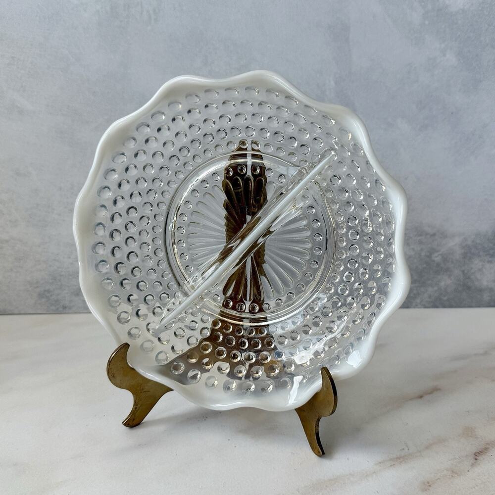 Vintage Fenton Moonstone Clear Hobnail Divided Candy Dish White Scalloped Edge